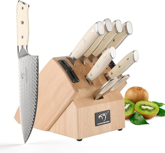 NANFANG BROTHERS Damascus Knife Sets, 10 Pieces for Kitchen with Block, Kitchen Knife Set with Block, ABS Ergonomic Handle for Chef Knife Set and Kitchen Shear