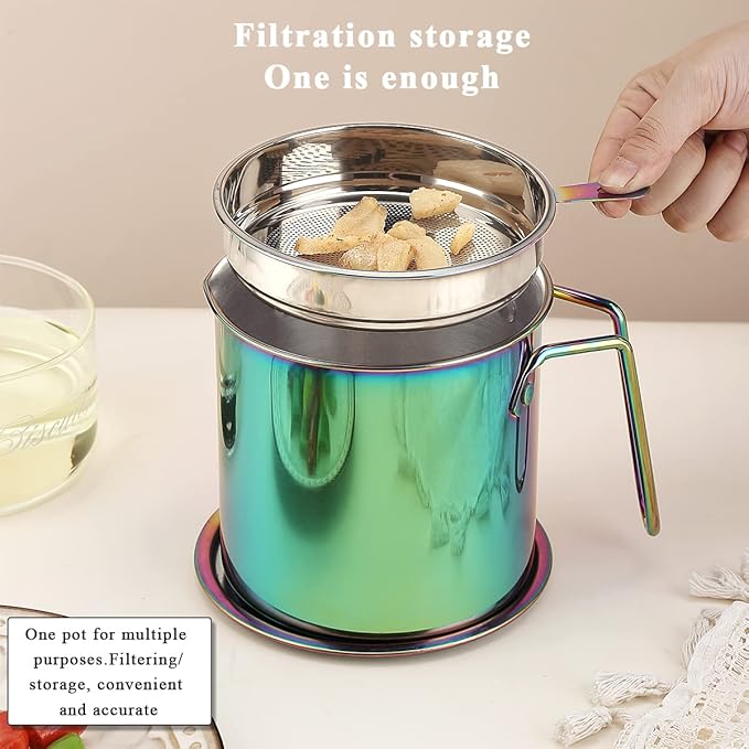 Berglander Rainbow Bacon Grease Container With Strainer 47oz, Titanium Colorful Plating Stainless Steel Oil Storage Container with Fine Mesh Strainer Dust-proof for Storing Frying Oil, Cooking Fat