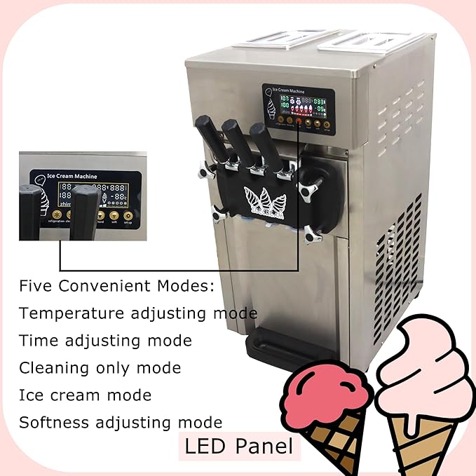 3 Flavors Commercial Soft Serve Ice Cream Machine 110V 1200W Stainless Steel Ice Cream Makers Countertop 16-18L/H with LED Panel for Supermarket Restaurants Bars