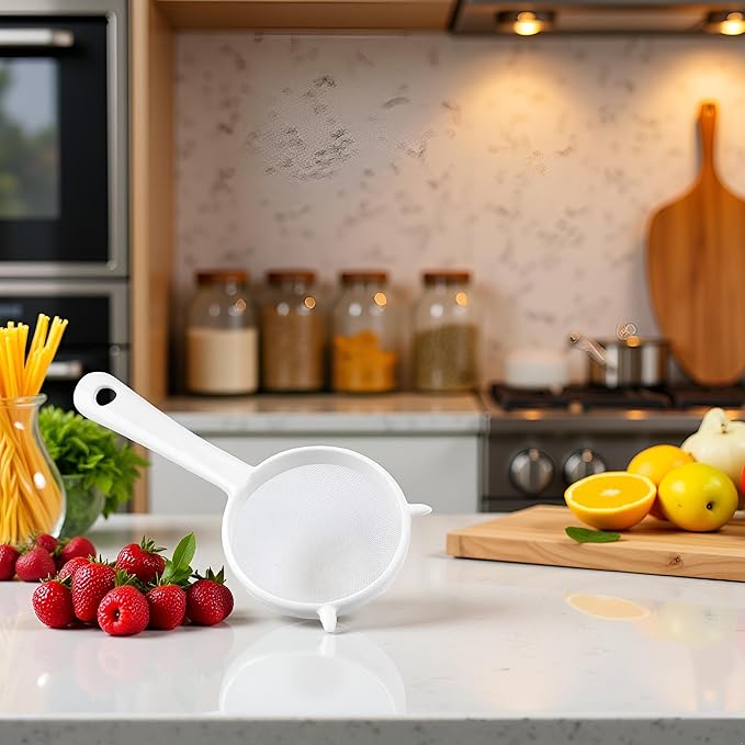 White Mesh Kitchen Sifter - Plastic Mesh Strainers Sieve,Colanders and Sieve with Handle for Tea Pasta Flour Rice Fruits Vegetable Small (16cm)
