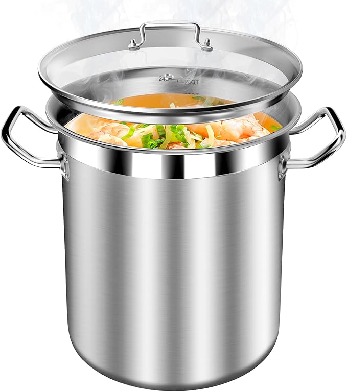 STOCKPOT Stainless Steel 24 Quart Stockpot with Tempered Glass Lid, 3-Ply Base, 6 Gallon, Polished Finish, Suitable for Stovetop and Oven, Dishwasher Safe