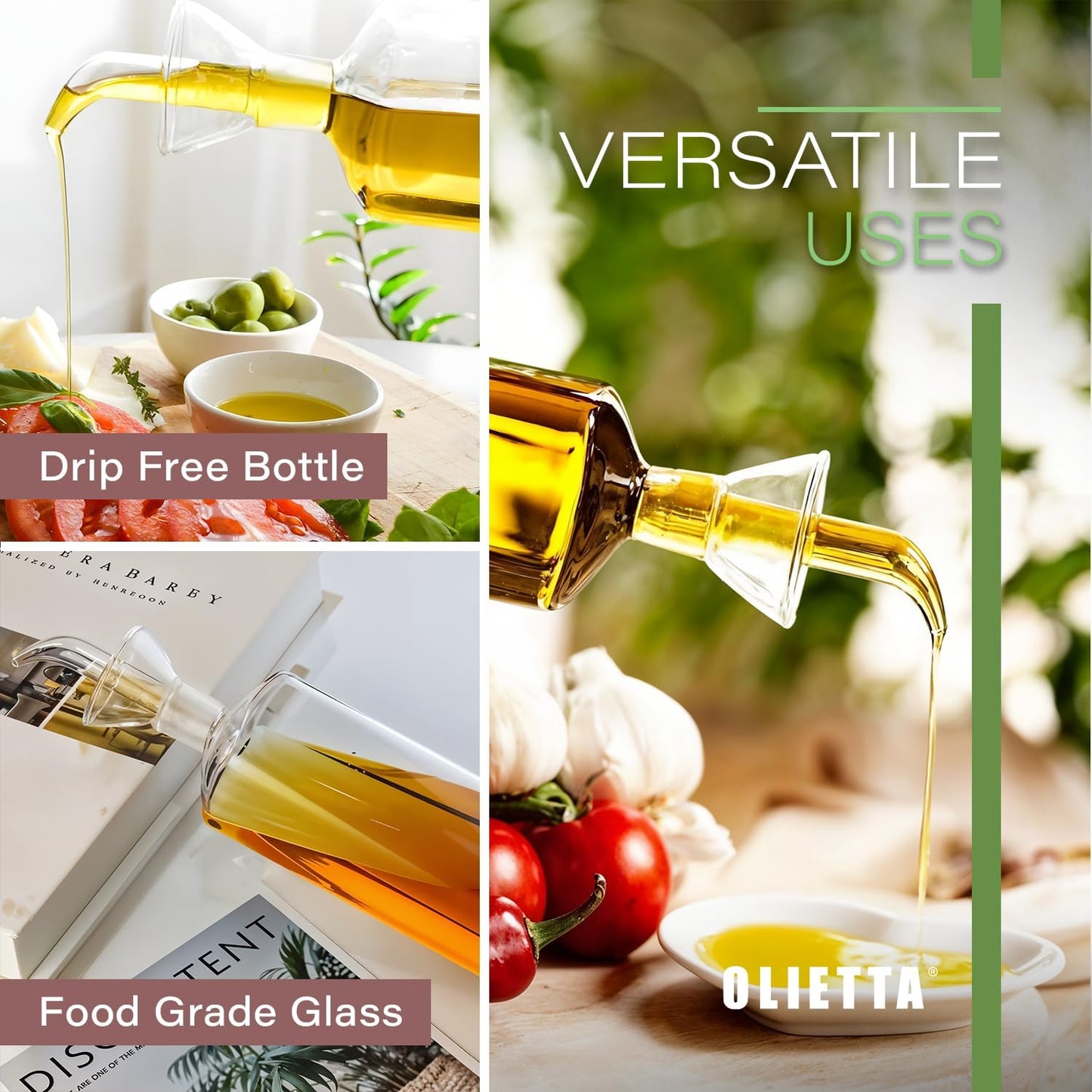 Olietta Olive Oil Dispenser Bottle Borosilicate Glass - Non Drip Oil Dispenser for Kitchen, Leak Proof Vinegar Drizzler Cruet, Easy Clean, 17 Ounces, Modern