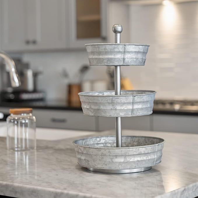 WallCharmers 3 Tier Galvanized Round Metal Tray, Three Tiered Serving Tray for Farmhouse or Cottage Theme Decor, 18 Inches, Size,