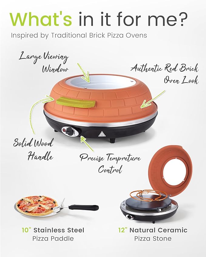 Saenchue Electric Pizza Oven - 12-Inch Indoor Pizza Ovens Countertop - 1200W Pizza Maker Heats up to 800˚F by Ceramic Stone, Temperature Control, Viewing Window, PM-05