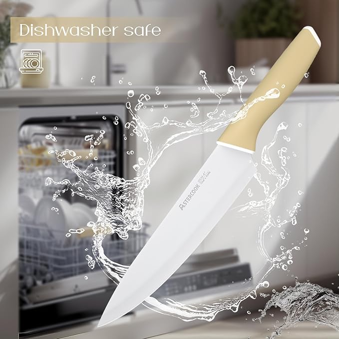 Astercook Kitchen Knife Set with Block and Sharpener 15 Piece Knives Set with Ceramic Coating German High Carbon Stainless Steel Knives Sharp Blade Dishwasher Safe Deba Knives with Ergonomic Handle
