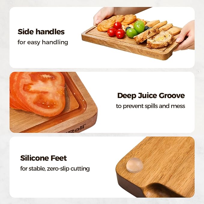RosiRoli Small Acacia Wood Cutting Board for Kitchen - 11.5"x7" Compact Tablet-Sized Chopping Board, Mini Charcuterie, Steak & Brunch Serving Tray with Juice Grooves & Handles, Ideal Gift for Foodies