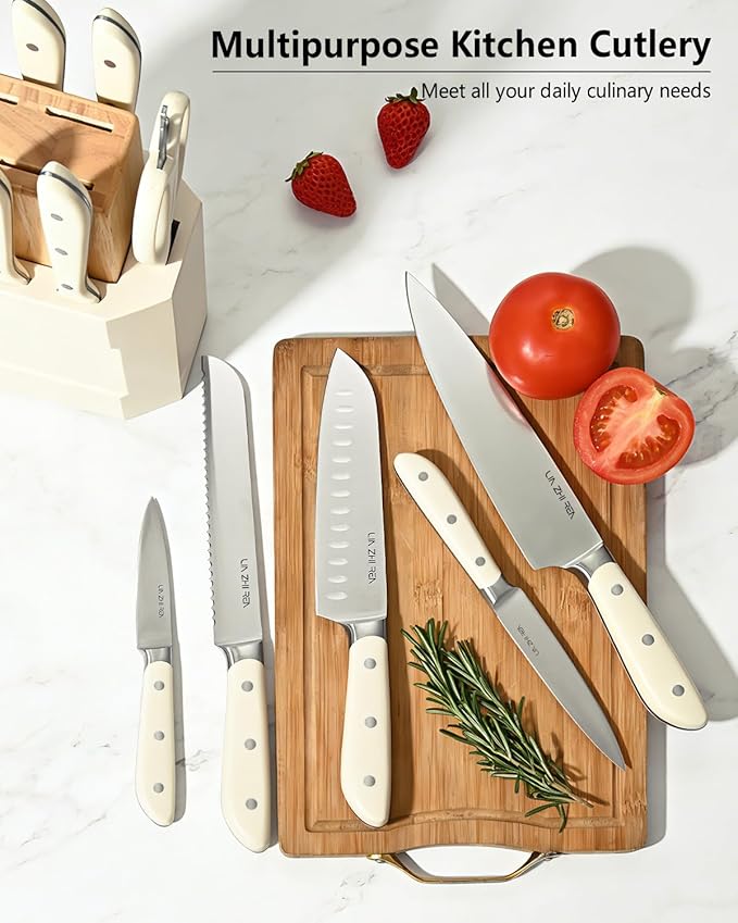 14-Piece Knife Block Set, High-Carbon Stainless Steel Dishwasher Safe Kitchen Knives Detachable Knife Holder, Includes Chef's, Santoku, Bread & Steak Knives(white)