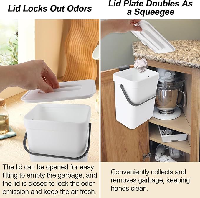 Compost Bin Kitchen, for use on Countertops or Under Sinks, Hanging Trash Can with Lid, for Cupboard/Bathroom/Bedroom/Office/Camping, Mountable Indoor Compost Bucket(White 1.3 Gallon/5L)