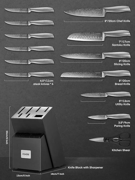 Knife Block Set, FOHERE Knife Set with Advanced Self Sharpening Technology, 14 Pieces Waved Texture Kitchen Knife Set, Stainless Steel Knife Set with Block, Sharp Knives with Non-slip Ergonomic Handle