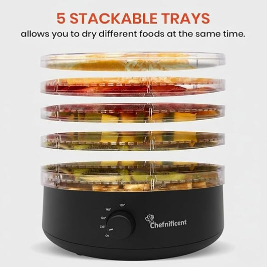 Food Dehydrator DryMax 280 – 5 Tray Adjustable, BPA-Free – 4-Hour Quick Drying, Even Heat, Easy Temp Control – Fruit, Veggie, Meat Jerky Maker (Black)
