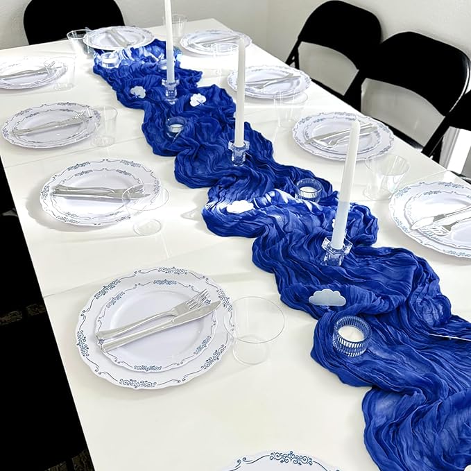 10 Pack Royal Blue Cheesecloth Table Runner 10FT Boho Gauze Fabric Table Runner Vintage Rustic Sheer Runners for Wedding Party Bridal Baby Shower Long Table Decorations