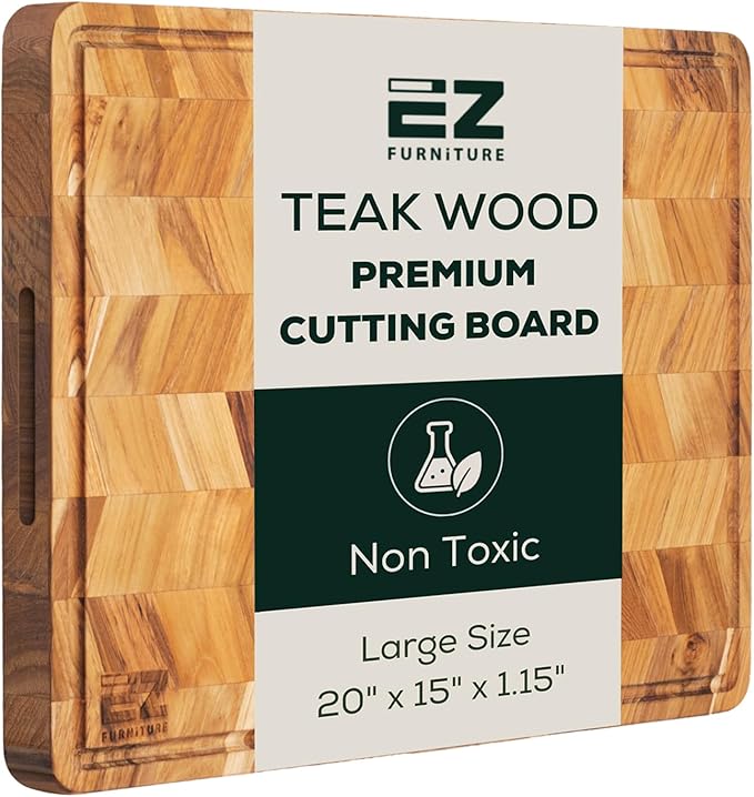 EZ FURNITURE Large (L) Teak Herringbone Wood Premium Cutting & Serving Board, Knife Friendly, Juice Groove & Handles, Pre-Oiled with Food-Grade Mineral Oil, Non-Toxic (20" x 15" x 1.15", 8.16 lbs)