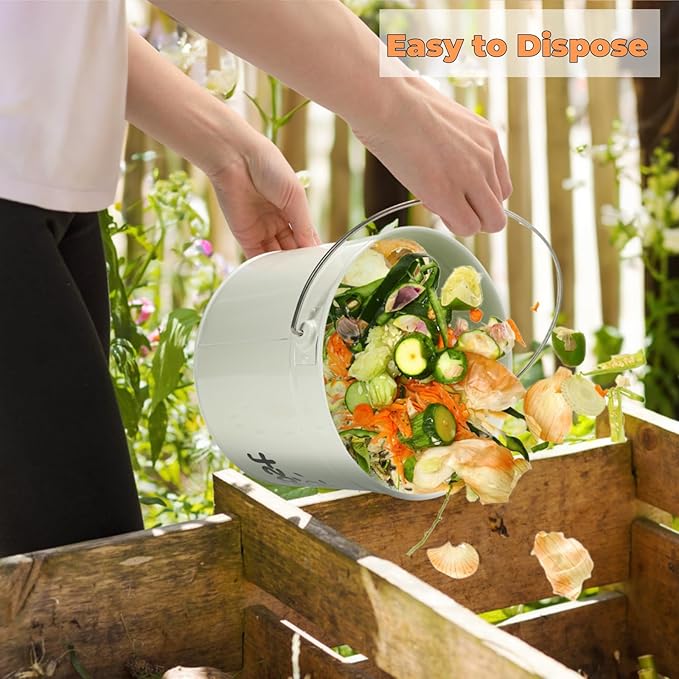 Small Kitchen Compost Bin, 1 Gallon Odorless Composter Container, Food Waste Bucket with Charcoal Filter Lid, Indoor Farmhouse Composting Pail Canister for Trash Scraps, Carrying Handle