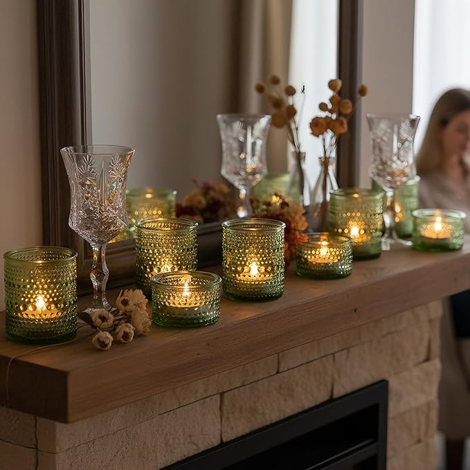Green Votive Candle Holders Set of 24, Assorted Heights Polka Dot Tealight Candle Holders for Table Centerpiece, Green Glass Candle Holder Decor for Wedding, Party & Home Decor