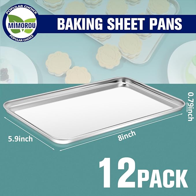 Mimorou 12 Pcs Baking Sheet Stainless Steel Cookie Sheet Small Metal Pans Professional Rectangle Oven Trays Kitchen Baking Cooking Oven and Toaster, Dishwasher Safe(8 x 5.9 Inches)