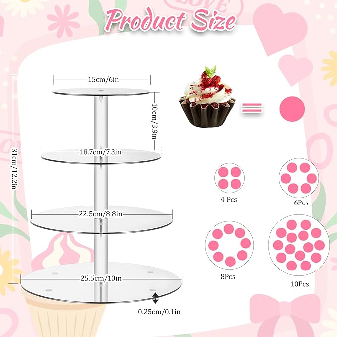 4 Tier Round Cupcake Stand, Cupcake Stands for Party Clear Cup Cake Display Dessert Table Display Cup Cake Tower Stand Thick for Weddings, Birthdays, Holidays
