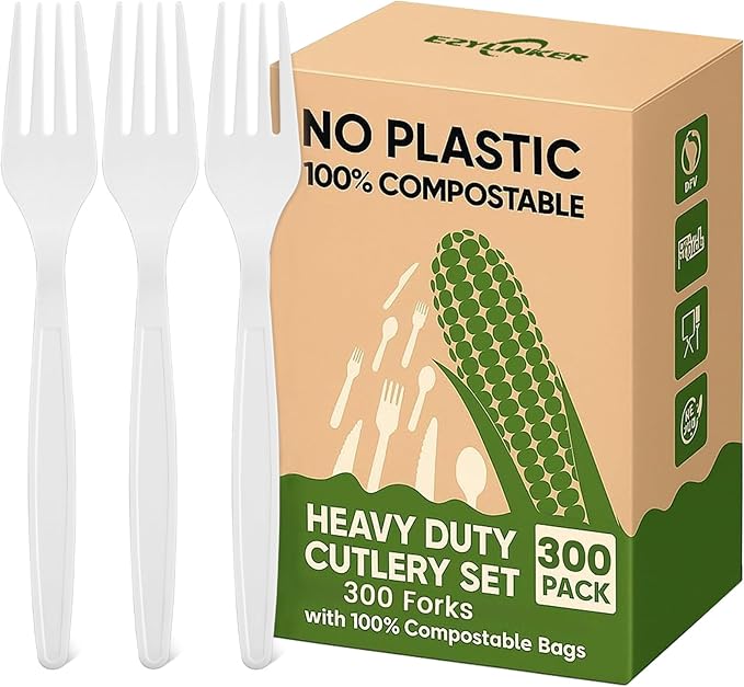 Heavy Duty Compostable Forks (300Pack), Eco-Friendly Heavyweight No-Plastic Fork - 100% Disposable Forks Cornstarch Flatware for Lounge Party Wedding BBQ Picnic Camping (300Pack Forks Only)