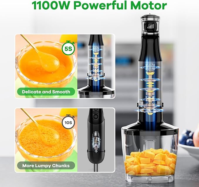 Turelar Immersion Blender Handheld Corded Hand Blenders Set 1100W, Trigger Variable Speed 5 in 1 Stick Emulsifier with Chopper, Whisk and Frother for Soup, Baby Food and Smoothies