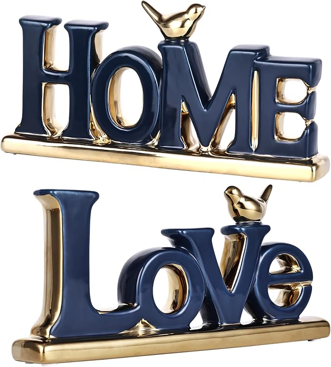 Love Sign Decor,Blue and Gold Room Decor Aesthetic, Knick Knack Shelf,Gold Bird Decor, Boho Bookshelf,Abstract Gold Statue,for Living Room,Bedroom, Contemporary Tv Stand Set of 2 (2, Blue)