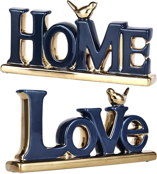 Love Sign Decor,Blue and Gold Room Decor Aesthetic, Knick Knack Shelf,Gold Bird Decor, Boho Bookshelf,Abstract Gold Statue,for Living Room,Bedroom, Contemporary Tv Stand Set of 2 (2, Blue)