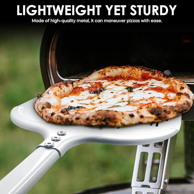 Pizza Peel – 12'' Extra Long Aluminum Perforated Launch Placement Retrieving Peel – Metal Hanging Hook – Lightweight Turning Peel – Non-stick Pizza Paddle – Outdoor Pizza Oven Accessories