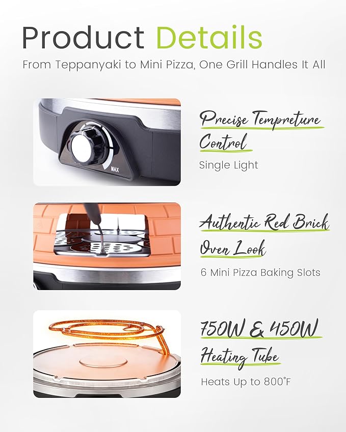 Saenchue Multifunction Raclette Grill & Mini Pizza Oven, 1200W Electric Pizza Oven with Flat Griddle Top, Indoor Grill with 6 Mini Pizza Baking Slots, Temperature Control, Personal Pizza Maker, PM-01