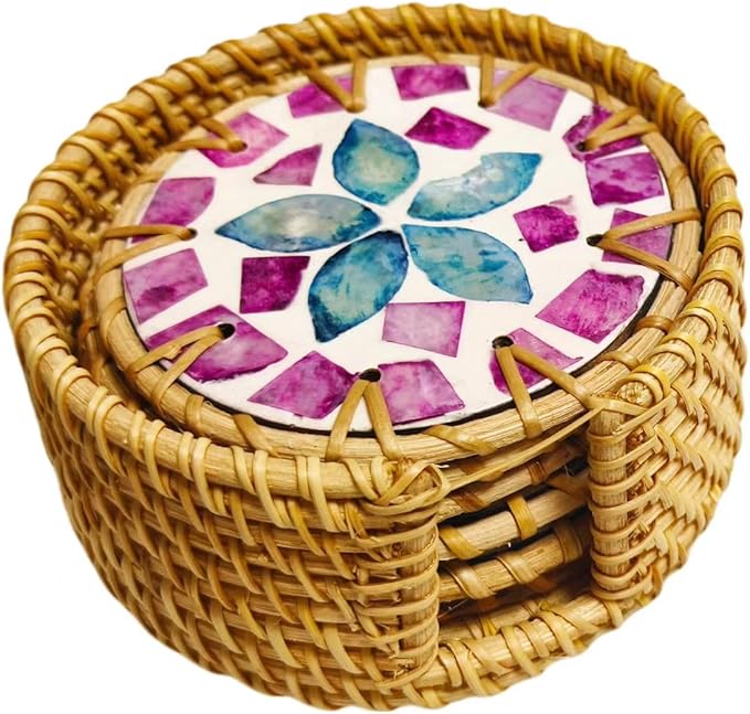 A Set of 6 Beverage Coasters, Rattan/Colorful Shell/Coffee&Tea Cup/Handmade Woven Coasters for Various Cups, Desktop Protection, Special Home Gifts