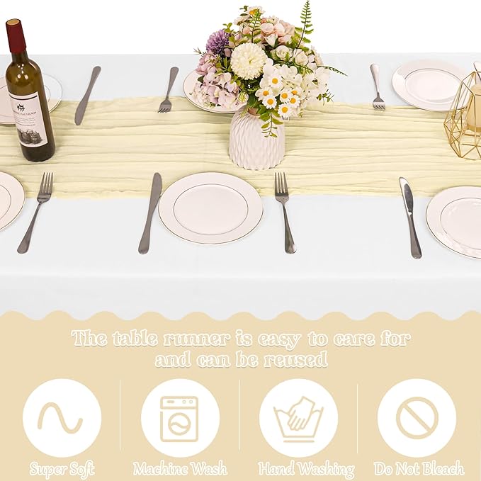 10 Pack Beige Cheesecloth Table Runner 6FT Boho Gauze Fabric Table Runner Vintage Rustic Sheer Runners for Wedding Party Bridal Baby Shower Long Table Decorations