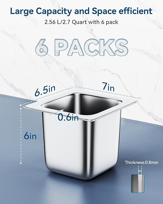 ZeroPone 6 Pack Hotel Pans 1/6 Size 6" Deep Steam Table Pan 22 Gauge Anti Jam Stainless Steel Hotel Food Pan