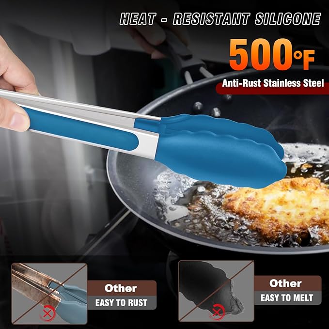 Walfos Kitchen Tongs - 7" 9" and 12" Heat Resistant Food tongs, Thickened Stainless Steel and BPA Free Silicone Tips, Great for Cooking, Grilling, Turning, Dishwasher safe(3 blue silicone tongs)