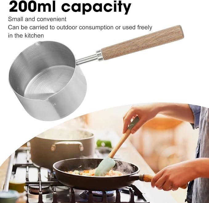 Alomejor Small Sauce Pan, 304 Stainless Steel Butter Warmer with Walnut Handle, 200ml Flat Bottom Pot for Melting Butter and Camping Cooking