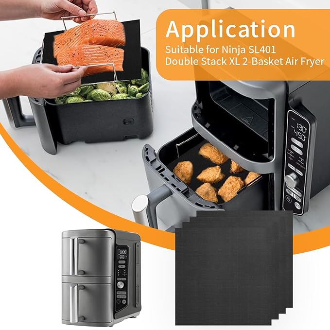 GWYSY 4-Pack Glass Fiber Air Fryer Liners Set for Ninja DoubleStack SL401, 8.07"x6.89" Reusable Basket Pads Heat-Resistant No-Scratch Air Fryer Liners Accessories