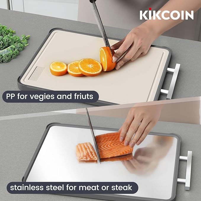 Kikcoin Stainless Steel Cutting Board, Double Sided Titanium Cutting Boards for Kitchen, Stainless Steel and Wheat Straw PP Large Chopping Board, Beige