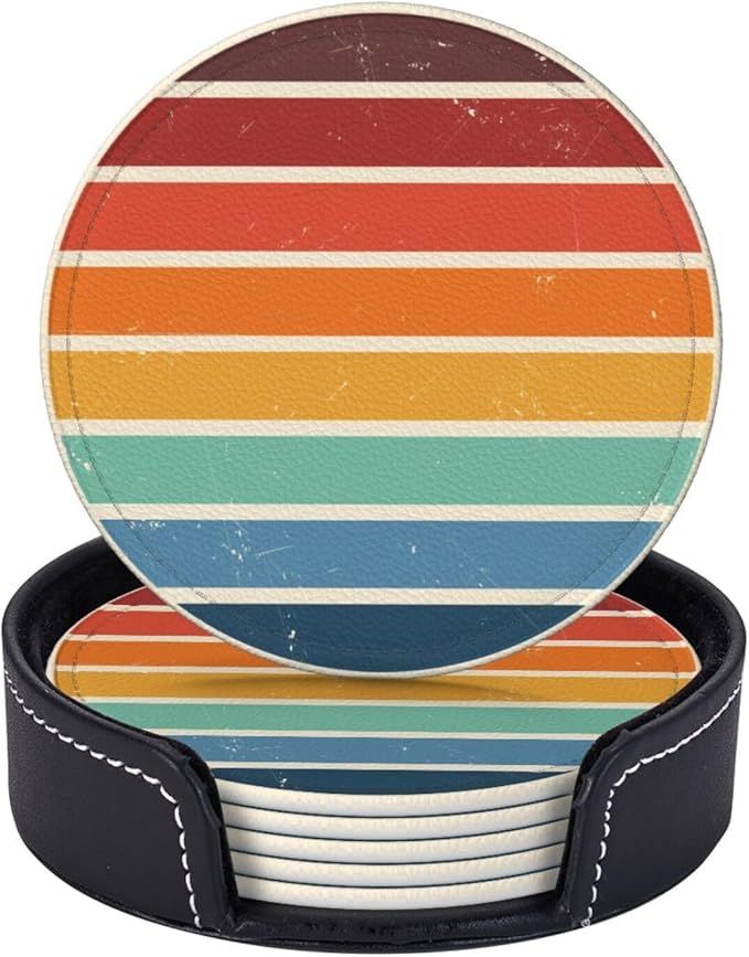Vintage Colorful Beach Sunset Leather Drink Coasters Set of 6 with Holder Round Cup Coaster for Table Decor