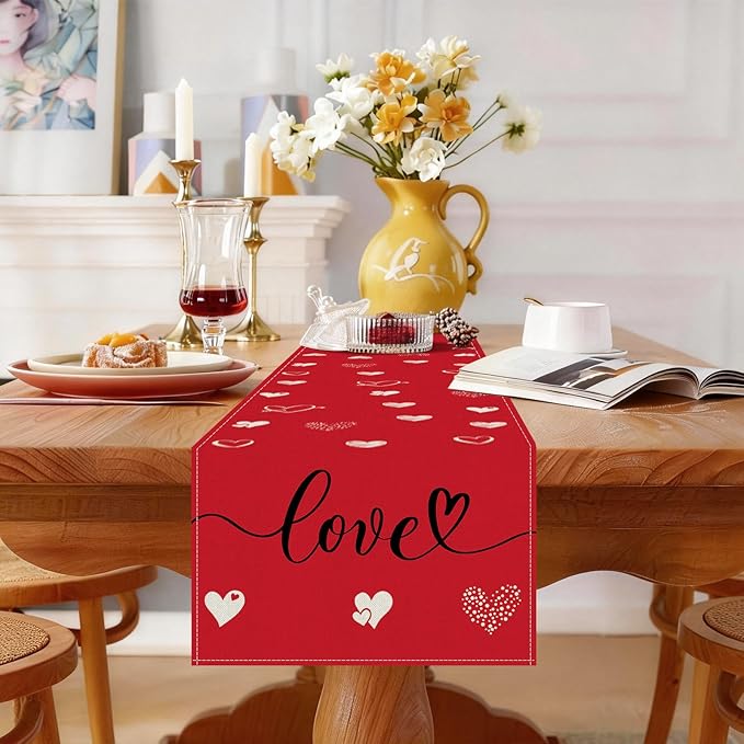 Valentines Day Table Runner 13x60 Inch, Love Hearts Valentine Table Runner, Anniversary Home Kitchen Dining Table Holiday Party Decorations
