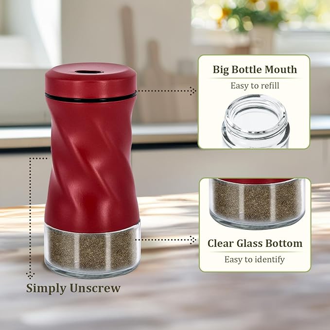 Red Salt and Pepper Shakers with Adjustable Pour Hole, NEODACO Glass Shaker with Stainless Steel Lids for Home, Restaurants, and Weddings, Ideal for Himalayan, Black Pepper, Kosher, and Sea Salts