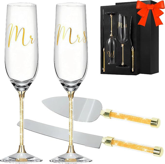 Wedding Cake Knife and Champagne Flutes Server Set | Bride & Groom Champagne Glasses | Toasting Glasses for Parties and Cake Cutting Set – for Wedding, Engagement, Bridal Shower Gifts(Gold)
