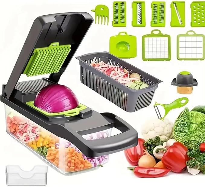 HHTAOR 16-in-1 Adjustable Mandoline Food Slicer, Mandoline Slicer for Kitchen, Veggie Chopper, Vegetable Cutter & Spiralizer for Onion Salad, Home Essential Gadget & Kitchen (Grey)