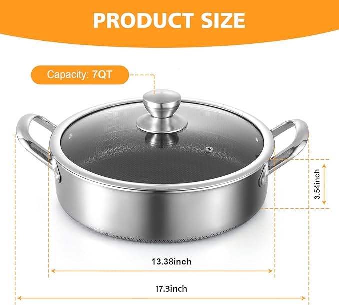Toutrop Stainless Steel 7QT Saute Pan 14 Inch Deep Frying Pan with Lid Nonstick,Hybird Induction Cooking Pan,PFOA Free Cookware,Large Skillets