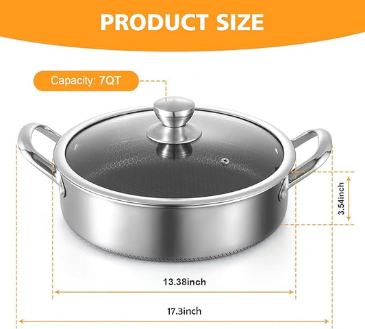 Toutrop Stainless Steel 7QT Saute Pan 14 Inch Deep Frying Pan with Lid Nonstick,Hybird Induction Cooking Pan,PFOA Free Cookware,Large Skillets