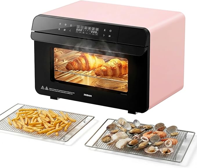 ROBAM Toaster Steam Combi Oven, Countertop Air Fryer 20-in-1 Oven with Convection & Grill, Stainless Steel Interior, 3-Layer Insulated Glass Door, 3 Steam Modes, 30 Built-In Recipes (Pink)