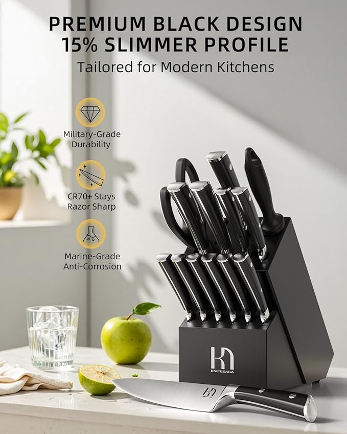 2026 Knife Set 15 Pcs Japanese High Carbon Stainless Steel Kitchen Knife Sets with Block & Sharpener, Premium Razor-Sharp Black Knives Block Set for Kitchen, Ergonomic Full-Tang Handle