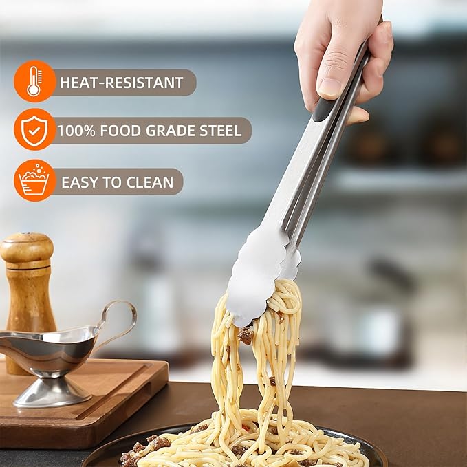 3 Pcs Stainless Steel Kitchen Tongs, 7/9/12 Inch High Heat Resistant Cooking & Serving Tongs with Locking for Grill Salad