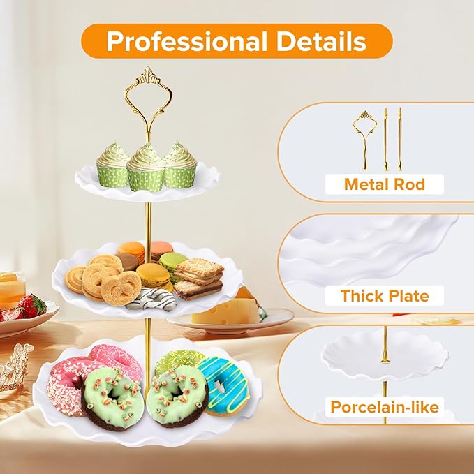 Hoedia 3 Tier Cupcake Stand Tower, Plastic White Cup Cake Holder for Dessert stands, Tiered Serving Tray for Tea Party, Birthday Party, Wedding Decor and Baby Shower(Round Wave)