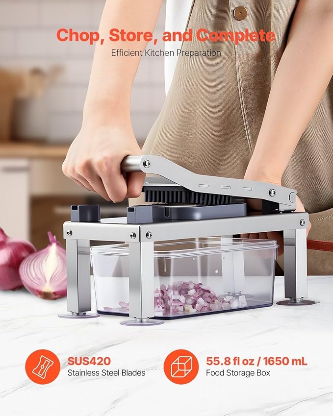 8-in-1 Mandoline Slicer & Vegetable Chopper, Includes 8 Stainless Blades for Cheese, Onion, Potato, Salad, Comes with 55.8 oz Container and Suction Cup Base