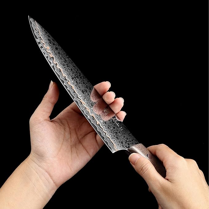 Wakoli Kawa Chef Knife, 7.9-Inch Blade Damascus Knife | 67-Layer Damascus Steel with VG10 Core | Copper Inlay | Maple Stabilized Wood Handle | Professional Kitchen Knife