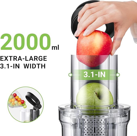 AMZCHEF Cold Press Juicer, 3.1" Juicer Machines with Large Feed Chute for Whole Fruits & Vegetables, Stainless Steel Juice Extractor with Large Auger, Dual Strainers, Easy Cleanup & Assembly