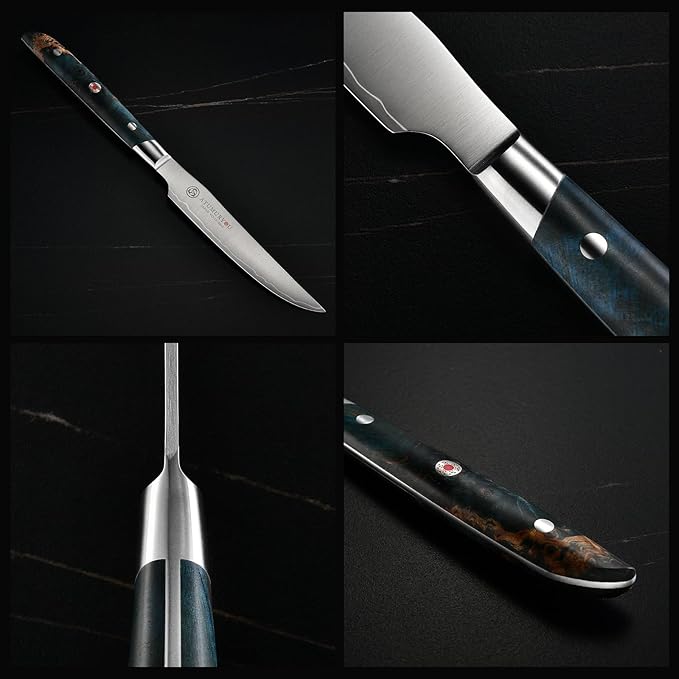 Steak Knives Set of 4, 5 inch Handcrafted Japanese VG10 Steel Kitchen Steak Knives, Non Serrated Meat Knife with Ergonomic Stabilized Wood Handle & Luxurious Wood Box, Cooking Gifts for Men Women
