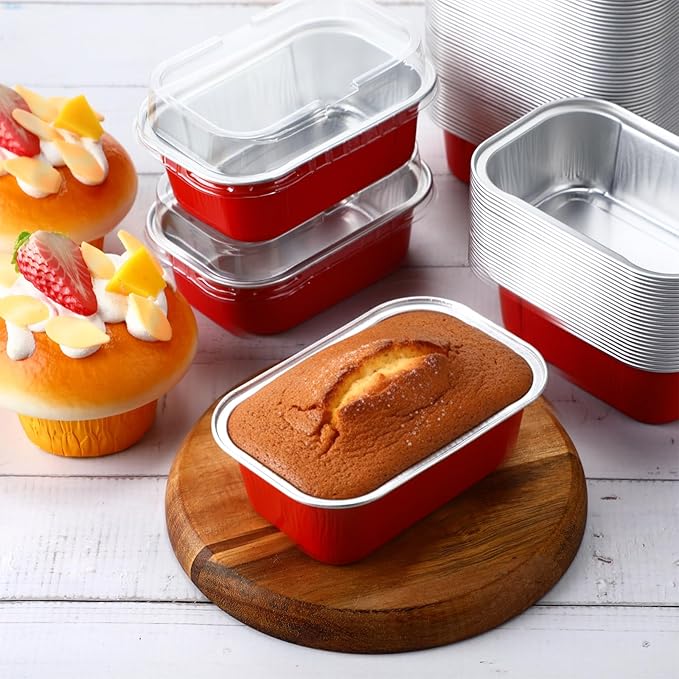 Vesici 100 Sets Mini Loaf Pans with Lids, 5.7 oz Disposable Aluminum Foil Baking Cups, Rectangle Cake Pans for Pudding Desserts Muffin Baking Storage Valentines Wedding Birthday Party(Red)