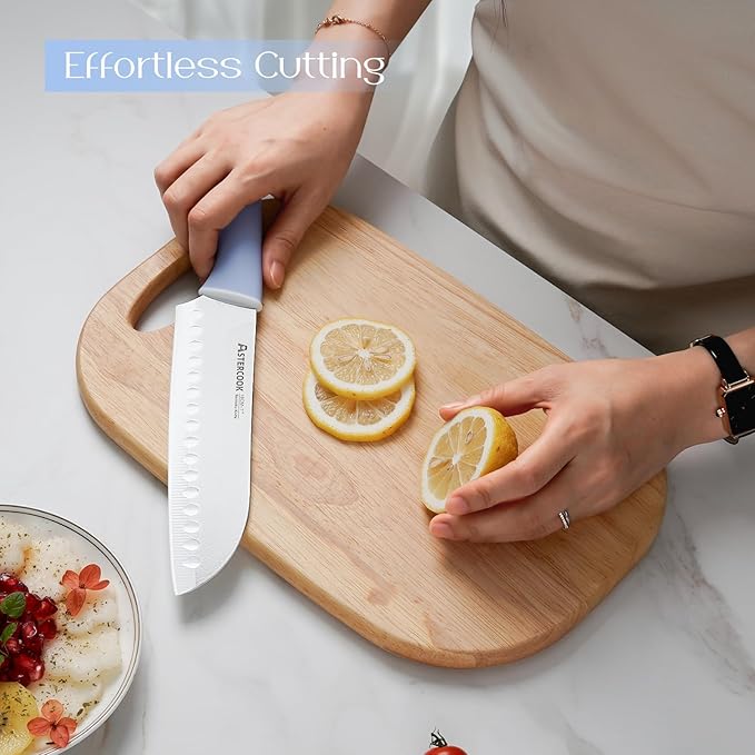 Astercook Kitchen Knife Set with Block and Sharpener 15 Piece Ceramic Coating German High Carbon Stainless Steel Knives Sharp Blade Dishwasher Safe Deba Knives with Ergonomic Handle, Delicate Blue
